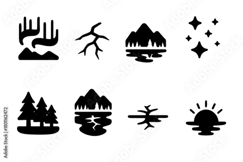 Aurora Icon Set. Aurora Reflected on Frozen Lake. Filled icon set of Aurora Reflected on Frozen Lake: northern