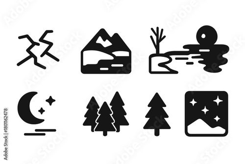 Frozen Lake Icons. Frozen Lake Scene. Filled icon set of Frozen Lake Scene: cracked ice, snow-covered shore,