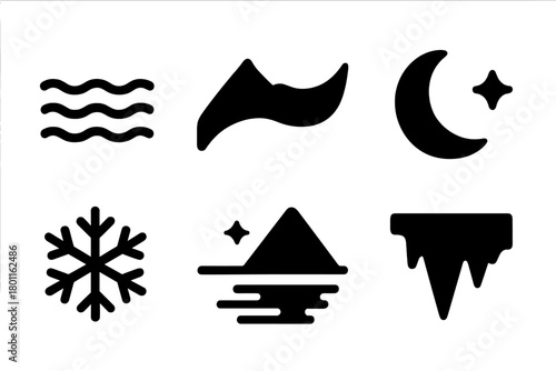 Glacial Iconography. Glacial Reflection. Filled icon set of Glacial Reflection: icy water, mountain, aurora