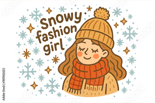 Snowy Fashion Doodle. Snowy fashion girl. Hand-drawn doodle illustration of snowy fashion girl. Wool hat,