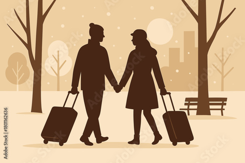 Winter Stroll Silhouettes. minimalist flat illustration of a couple’s silhouettes walking through a snowy park