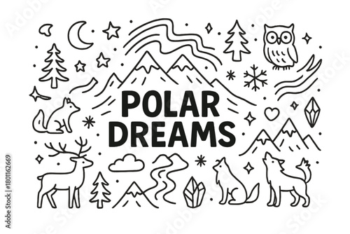 Polar Dreams Illustration. Polar Dreams. Hand-drawn doodle illustration of fantasy arctic scene under aurora.