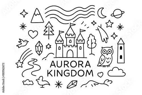 Aurora Kingdom Fantasy. Aurora Kingdom. Hand-drawn doodle illustration of fantasy kingdom beneath aurora. In