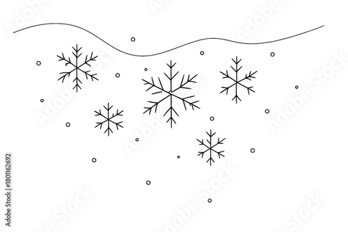 Minimalist Snowfall Art. Snowfall. Minimalistic one-line drawing gentle snowflakes falling through quiet air,