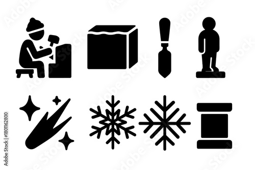 Winter Art Icons. Winter Artistry. Filled icon set of Winter Artistry: sculptor, ice block, carving tool,