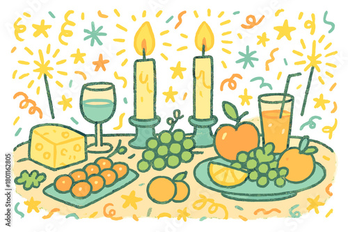 New Year's Dinner Doodle. "Candlelight dinner on New Year’s Eve". Naive doodle of festive charcuterie-style