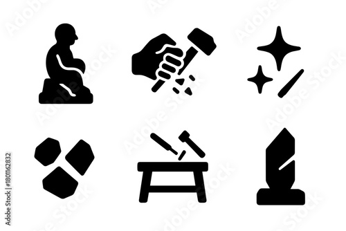 Ice Carving Icons. Ice Carving. Filled icon set of Ice Carving: frozen statue, sculptor hand, ice chips,