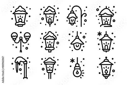 Winter Lamp Icons. Snowy Night Lights. Line outline icon set of glowing lamps in winter: old lantern with snow