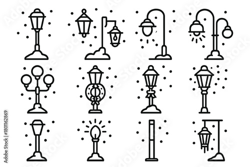 Snowy Street Light Icons. Street Lights in Snow. Line outline icon set of lamps during snowfall: park lamp