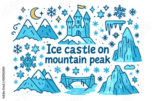 Dreamy Ice Castle. Ice castle on mountain peak. Hand-drawn doodle illustration of ice castle on mountain peak.