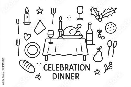 Festive Dinner Doodle. Celebration Dinner. Hand-drawn doodle illustration of festive meal setting. In the