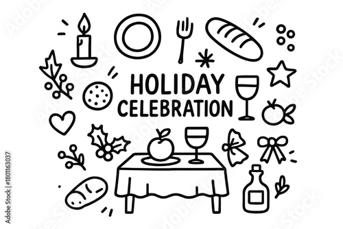 Festive Table Doodle. Holiday Celebration. Hand-drawn doodle illustration of joyful festive table scene. In