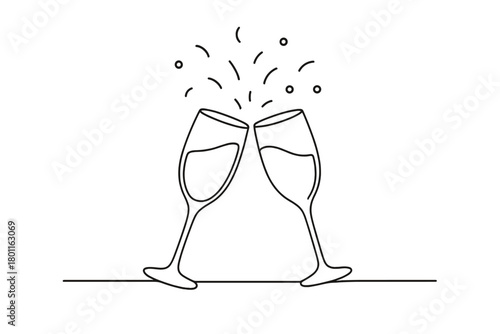 Cheers and Confetti. Cheers to Tomorrow. Minimalistic one-line drawing sparkling glasses raised under confetti
