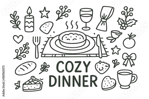 Cozy Dinner Doodles. Cozy Dinner. Hand-drawn doodle illustration of warm festive dinner table decor. In the