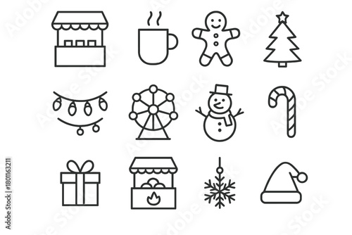 Winter Fair Icons. Christmas Market. Line outline icon set of winter fair elements: festive market stall, hot