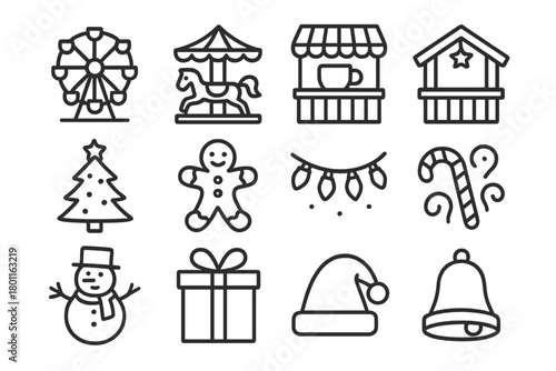 Christmas Fair Icons. Winter Carnival. Line outline icon set of christmas fair icons: ferris wheel,
