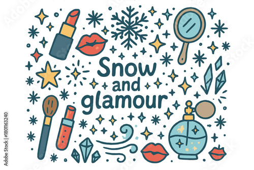 Snow and Glamour. Snow and glamour. Hand-drawn doodle illustration of snow and glamour. Red lipstick, lips,