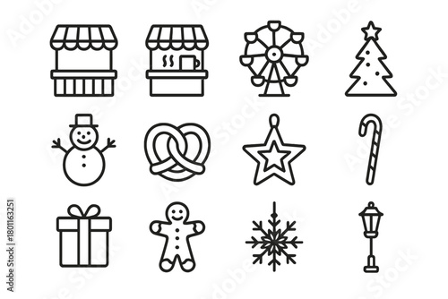 Winter Market Icons. Festive Winter Market. Line outline icon set of holiday fair scenes: market stall, hot