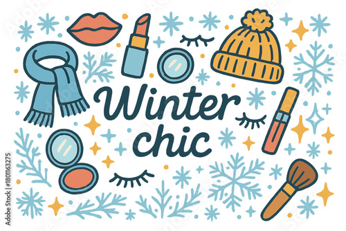 Winter Chic Doodles. Winter chic. Hand-drawn doodle illustration of winter chic. Lips, lipstick, scarf, hat,