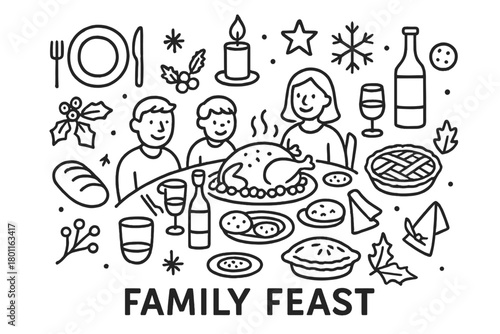 Family Festive Doodles. Family Feast. Hand-drawn doodle illustration of Christmas table with roasted turkey.