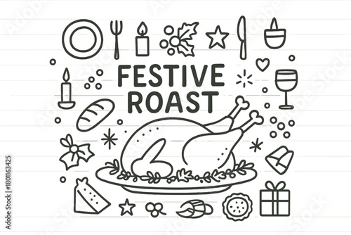 Festive Feast Doodle. Festive Roast. Hand-drawn doodle illustration of roasted turkey on decorated table. In