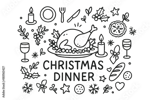 Festive Christmas Table Doodles. Christmas Dinner. Hand-drawn doodle illustration of roasted turkey on festive
