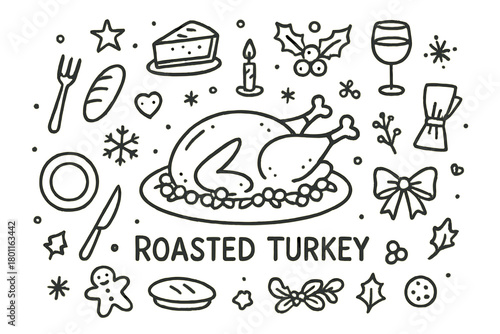 Festive Turkey Doodle. Roasted Turkey. Hand-drawn doodle illustration of Christmas roasted turkey on plate. In