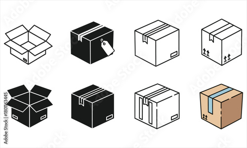 Collection of Various Box Icons Open, Closed, Shipping, Packaging, and Delivery Design Elements