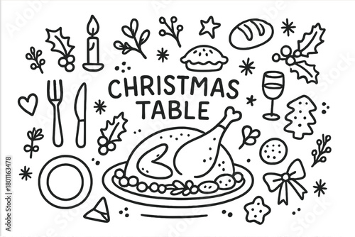 Festive Christmas Dinner Doodle. Christmas Table. Hand-drawn doodle illustration of decorated dinner table
