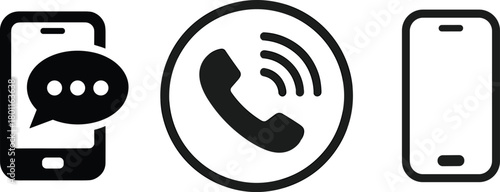 Phone icon set, smartphone with chat bubble, call symbol, contact icons, simple vector illustration, flat design.