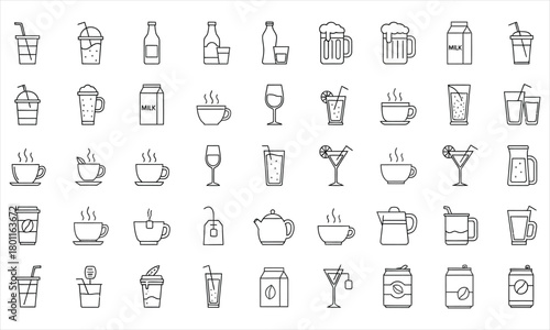 Collection of Line Art Drink Icons Coffee, Tea, Milk, Juice, Cocktails, and Other Beverages