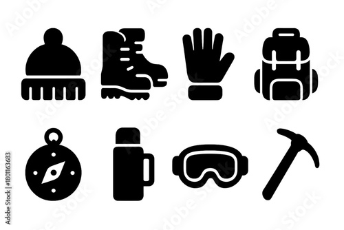Winter Gear Icons. Winter Gear. Filled icon set of Winter Gear: thermal hat, snow boots, gloves, backpack,