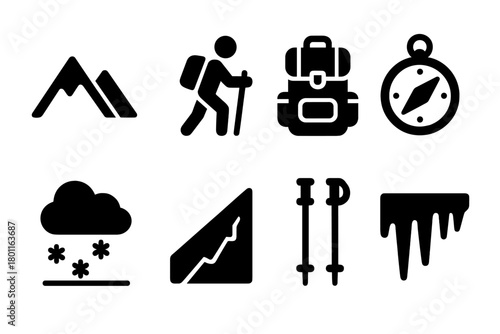 Alpine Journey Icons. Alpine Journey. Filled icon set of Alpine Journey: mountain peaks, hiker figure,
