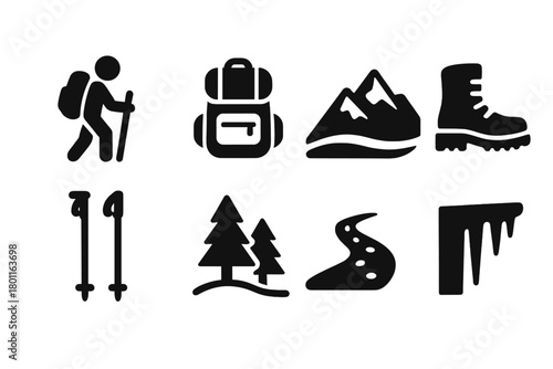Winter Hiking Icons. Winter Hiking in the Mountains. Filled icon set of Winter Hiking in the Mountains: hiker