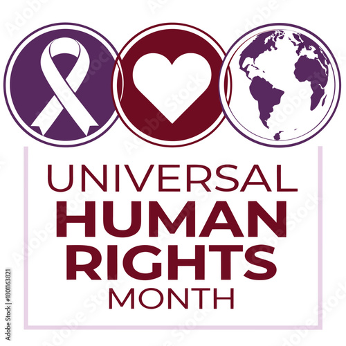 Graphic celebrating Universal Human Rights Month with icons of a ribbon, heart, and globe on a purple and maroon background.
