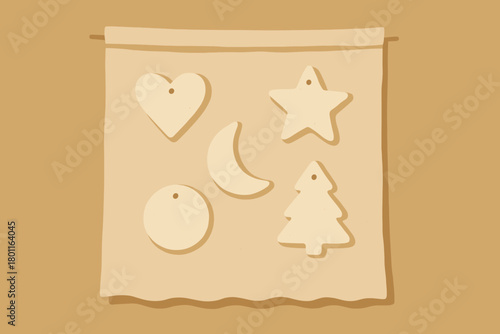 Clay Ornaments Drying. minimalist flat illustration of handmade clay ornaments drying on a cloth, minimalist
