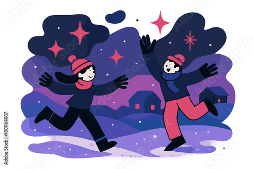 Twilight Snow Dreamscape. Frozen dream. Soft snow sparkles in twilight colors while faint outlines of cabins