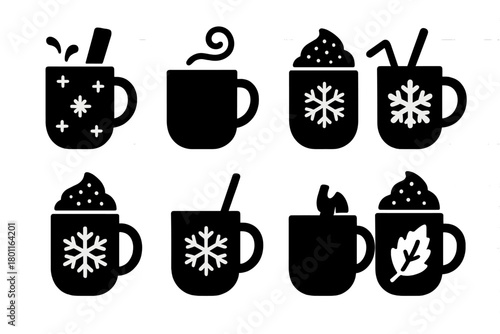 Festive Mug Icons. Festive Mug. Filled icon set of Festive Mug: decorated cup, cinnamon stick, steam swirl,