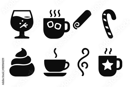 Holiday Drink Icons. Holiday Drinks. Filled icon set of Holiday Drinks: eggnog glass, hot cocoa mug, cinnamon