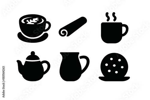 Winter Café Icons. Winter Café. Filled icon set of Winter Café: latte cup, cinnamon stick, mug with steam,