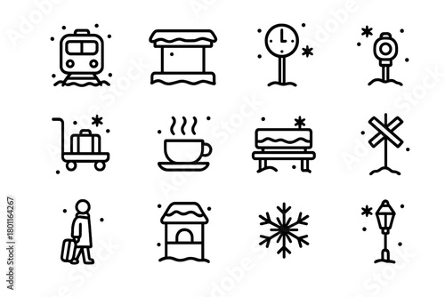 Winter Train Icon Set. Snowy Railway Station. Line outline icon set of winter train icons: train on snowy