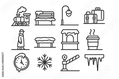 Winter Railway Icons. Winter Railway Scene. Line outline icon set of cozy snowy station: train with steam,