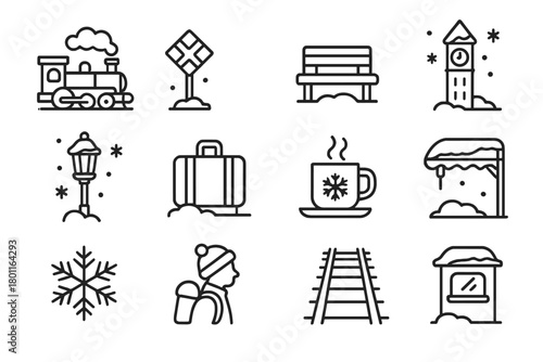 Winter Train Icon Set. Snow Train Travel. Line outline icon set of winter train atmosphere: steam engine,