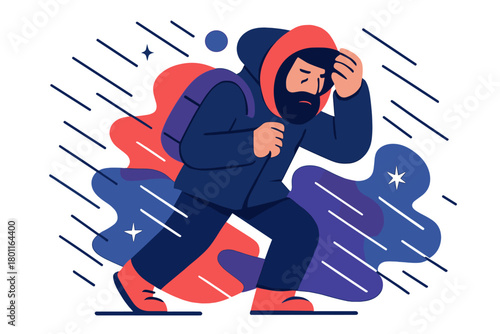 Winter Storm Traverse. Winter traveler. A bearded man trudges through the storm, holding his hood tight as