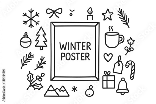 Winter Doodle Poster. Winter Poster. Hand-drawn doodle illustration of minimal poster mockup with winter theme