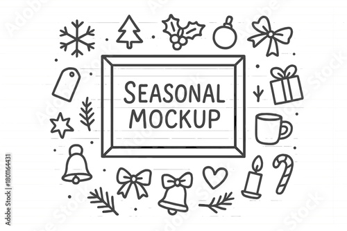 Winter Doodle Frame. Seasonal Mockup. Hand-drawn doodle illustration of minimalist poster frame with winter