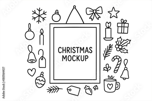 Doodled Christmas Mockup. Christmas Mockup. Hand-drawn doodle illustration of minimal holiday poster hanging