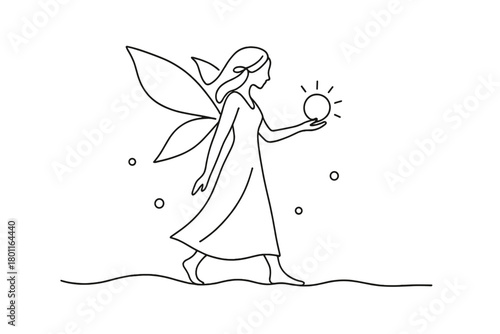 Snowlight Fairy Outline. Snowlight Wanderer. Minimalistic one-line drawing fairy holding glowing orb walking