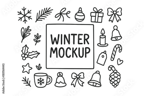 Festive Winter Doodle Poster. Winter Mockup. Hand-drawn doodle illustration of minimalist poster with festive