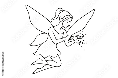 Frost Fairy Elegance. Frost Fairy. Minimalistic one-line drawing small fairy brushing snow from her wings,